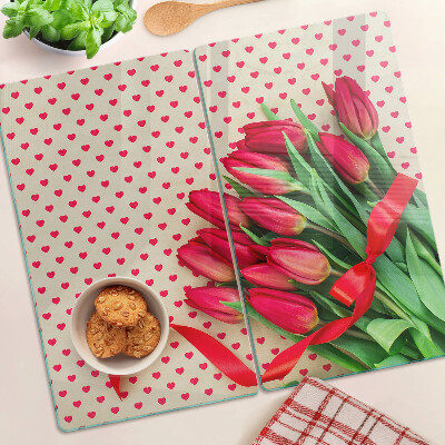 Glass chopping board Tulips with hearts and ribbon