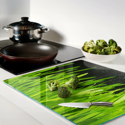 Glass chopping board Green grass with water drops