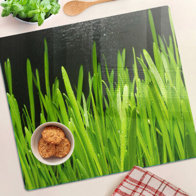Glass chopping board Green grass with water drops