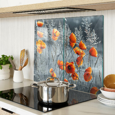 Glass kitchen board Poppy landscape in shades of gray