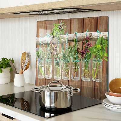 Glass kitchen board Herbs in jars on a wooden background