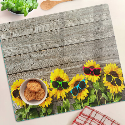 Glass kitchen board Sunflowers in sunglasses