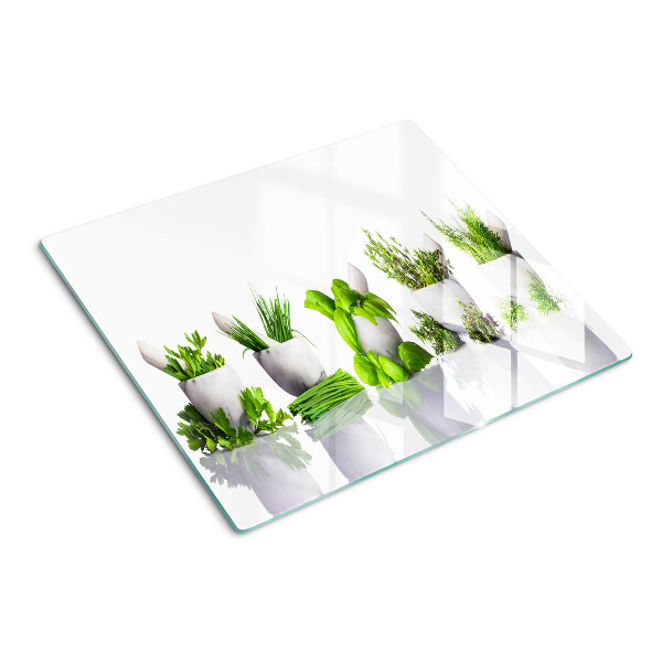 Glass chopping board Herbs in pots
