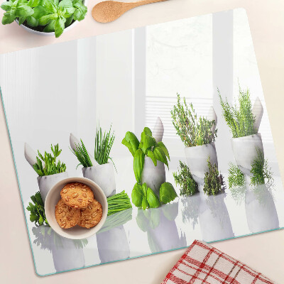 Glass chopping board Herbs in pots