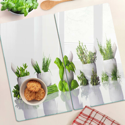 Glass chopping board Herbs in pots