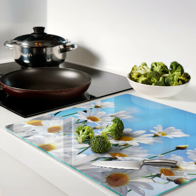 Glass kitchen board Daisy flowers on a blue background