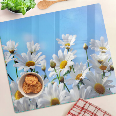 Glass kitchen board Daisy flowers on a blue background