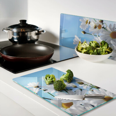 Glass kitchen board Daisy flowers on a blue background