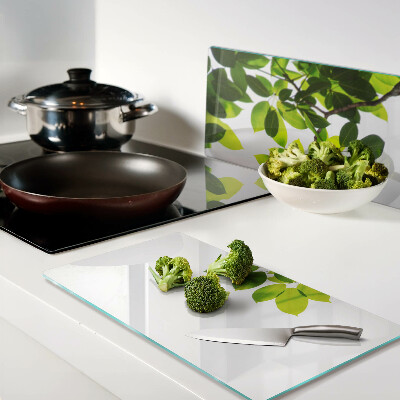Glass chopping board Leaves against a bright sky