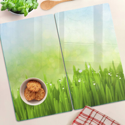 Glass chopping board Green grass with water drops