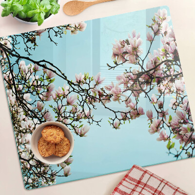 Glass kitchen board Magnolia flowers on a blue background
