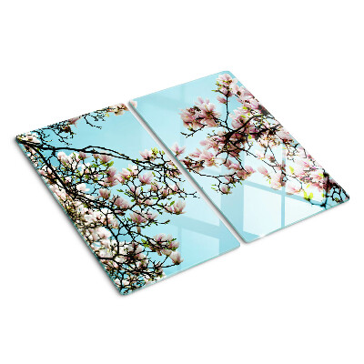 Glass kitchen board Magnolia flowers on a blue background