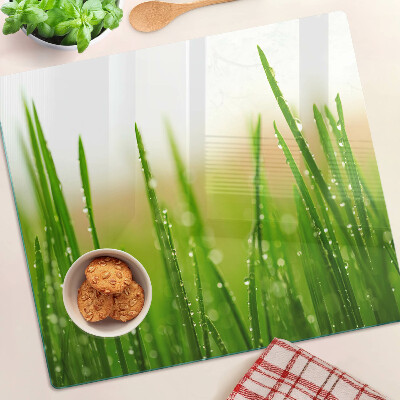 Glass chopping board Grass with water drops