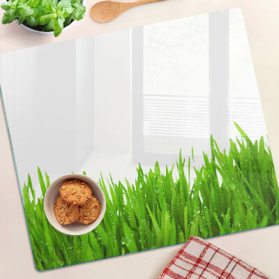 Glass chopping board Green grass with water drops
