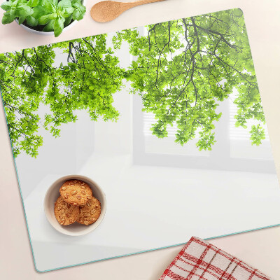 Glass kitchen board Green leaves against the sky
