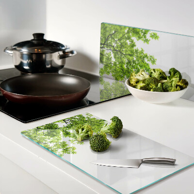 Glass kitchen board Green leaves against the sky