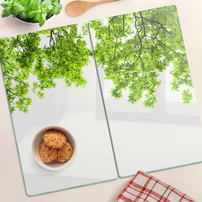 Glass kitchen board Green leaves against the sky