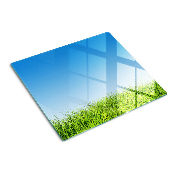 Glass kitchen board Green meadow under blue sky