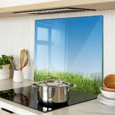Glass kitchen board Green meadow under blue sky