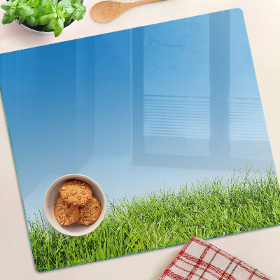 Glass kitchen board Green meadow under blue sky