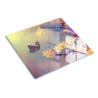 Glass chopping board Butterfly motif on a flower background