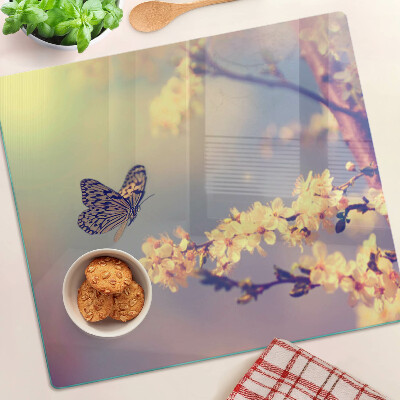 Glass chopping board Butterfly motif on a flower background