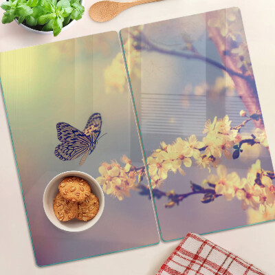 Glass chopping board Butterfly motif on a flower background