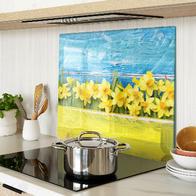 Glass kitchen board Daffodil flowers against the sky