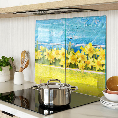 Glass kitchen board Daffodil flowers against the sky
