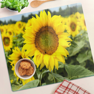Glass chopping board Sunflowers against a green background