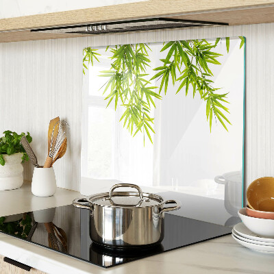 Glass chopping board Bamboo leaves on the window background