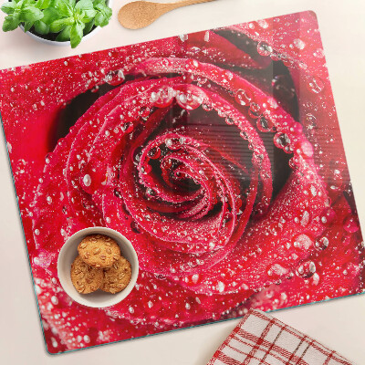 Glass chopping board Red rose with water drops