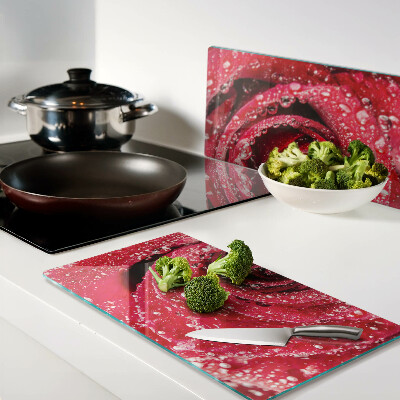 Glass chopping board Red rose with water drops