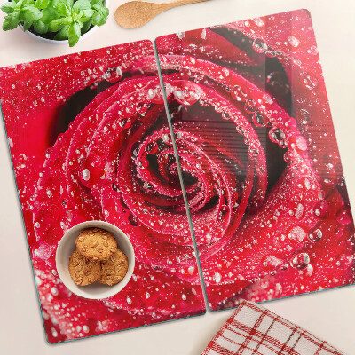 Glass chopping board Red rose with water drops
