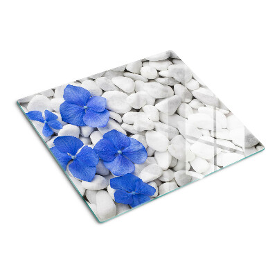 Glass chopping board Blue flowers on white stones