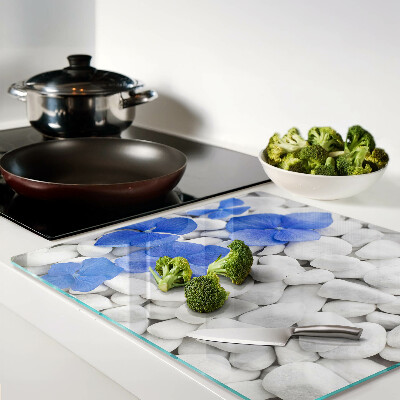Glass chopping board Blue flowers on white stones