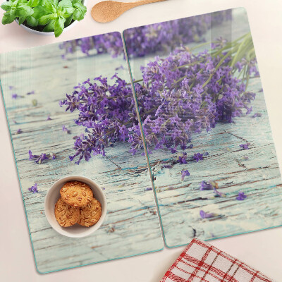 Glass kitchen board Lavender on a wooden background