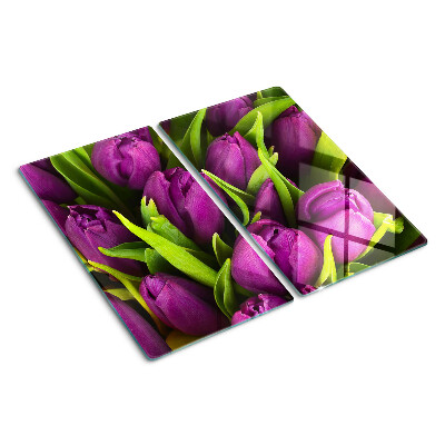 Glass kitchen board Purple tulips with green leaves