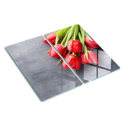 Glass kitchen board Tulips on a gray background