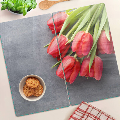 Glass kitchen board Tulips on a gray background