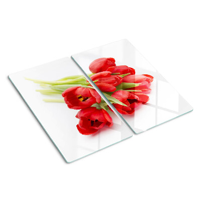 Glass kitchen board Red tulips on a white background