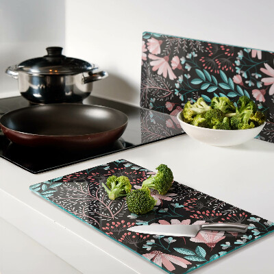 Glass chopping board Floral pattern on a dark background