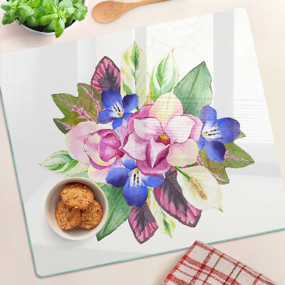 Glass chopping board Floral pattern with pink and blue flowers