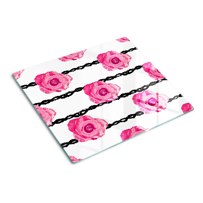 Glass kitchen board Roses on a black line background