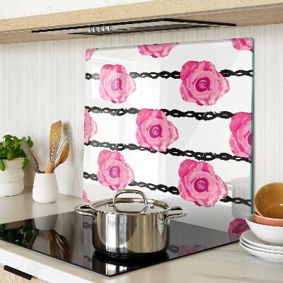 Glass kitchen board Roses on a black line background