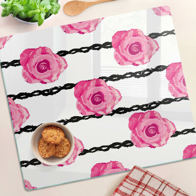 Glass kitchen board Roses on a black line background