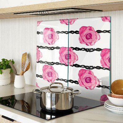 Glass kitchen board Roses on a black line background