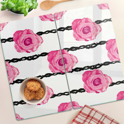 Glass kitchen board Roses on a black line background