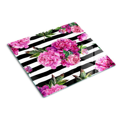 Glass chopping board Peony flowers on stripes