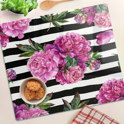 Glass chopping board Peony flowers on stripes